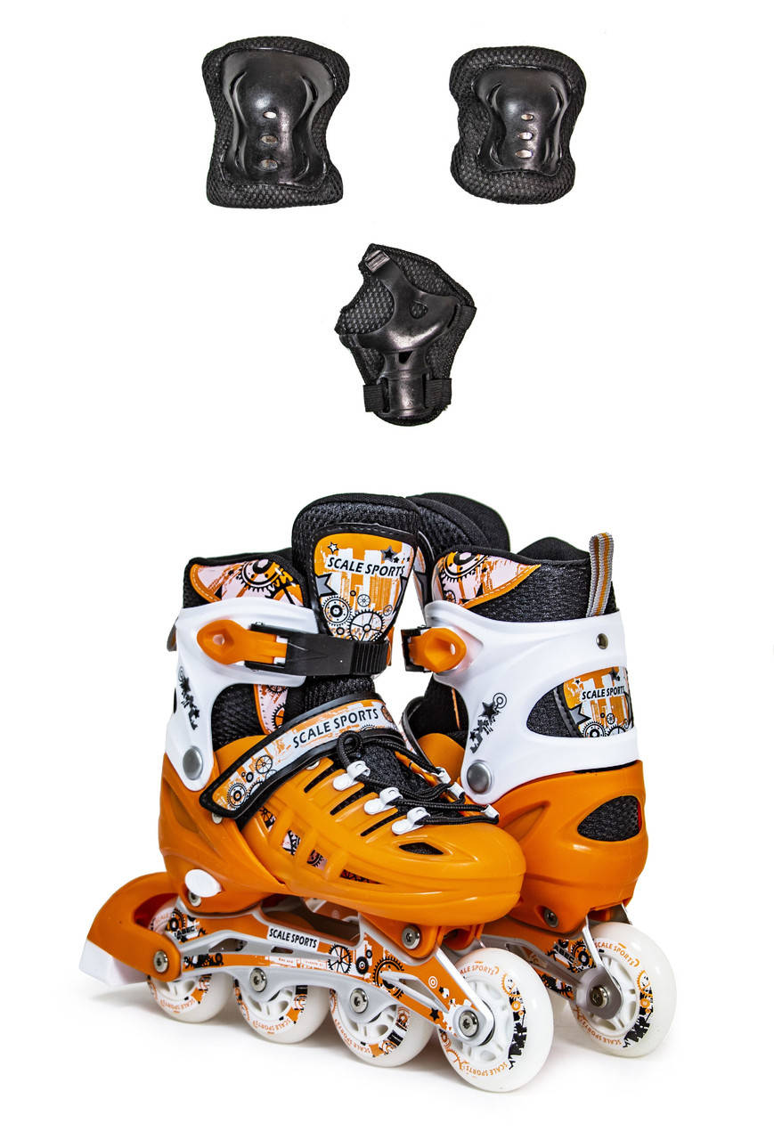 

Детские раздвижные ролики с комплектом защиты Scale Sports оранжевые, размеры 29-33, 34-37, 38-41, Оранжевый