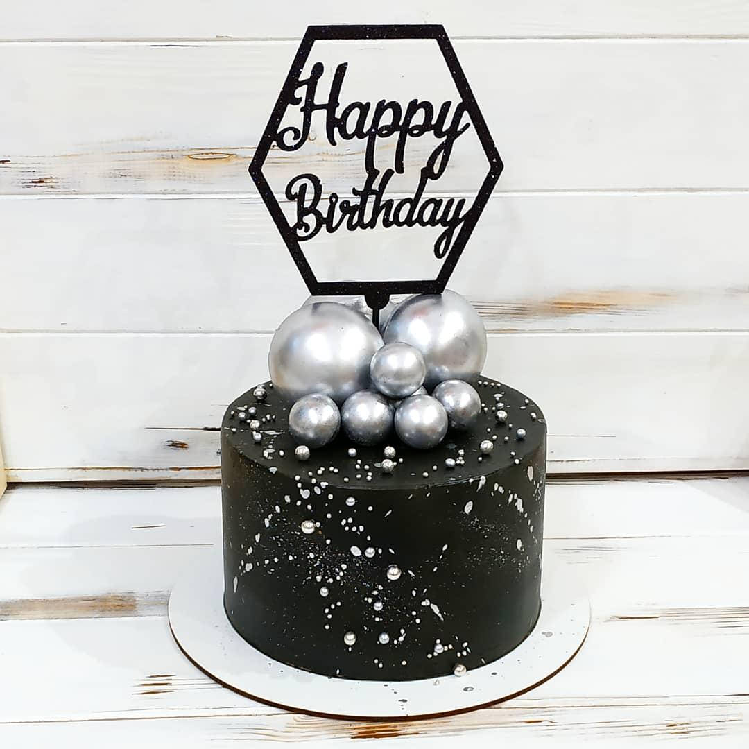 

Чёрный пластиковый топпер Happy Birthday в форме ромба Чёрный топпер на торт Топперы из пластика на торт