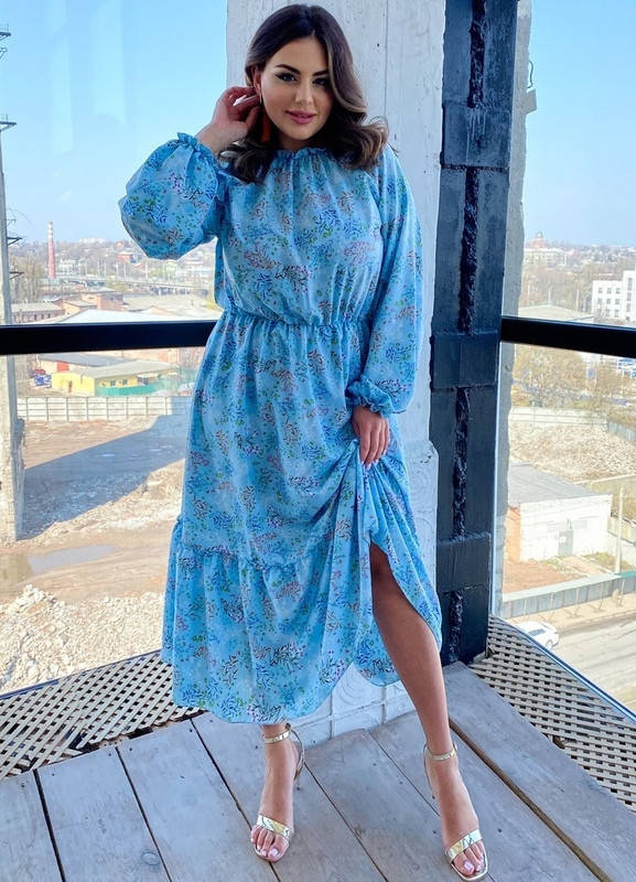 

Платье голубое в цветы летнее нарядное свободного покроя большого размера 50-60 81146 56/60