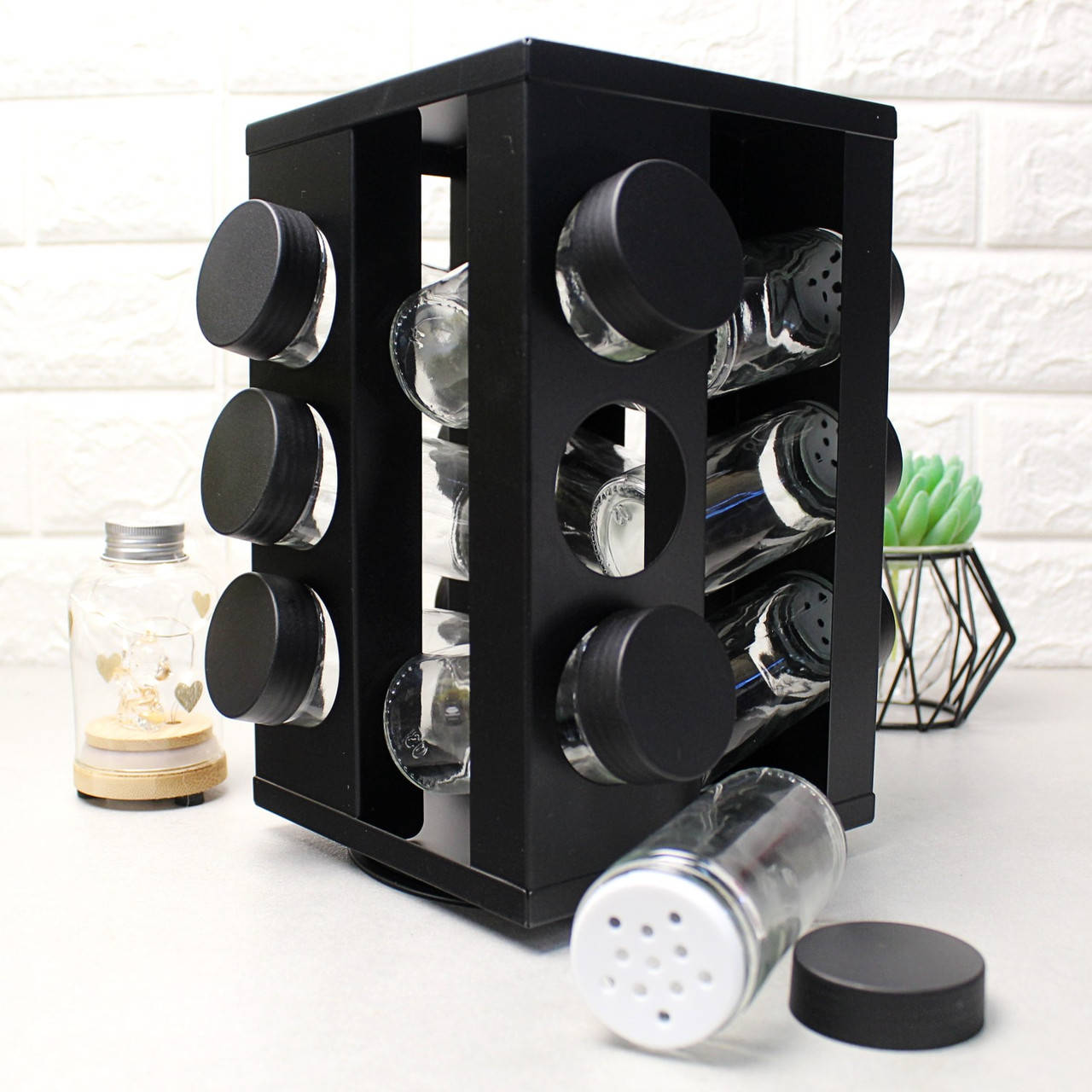 

Большой чёрный набор баночек для специй на стойке 12 шт, Черный