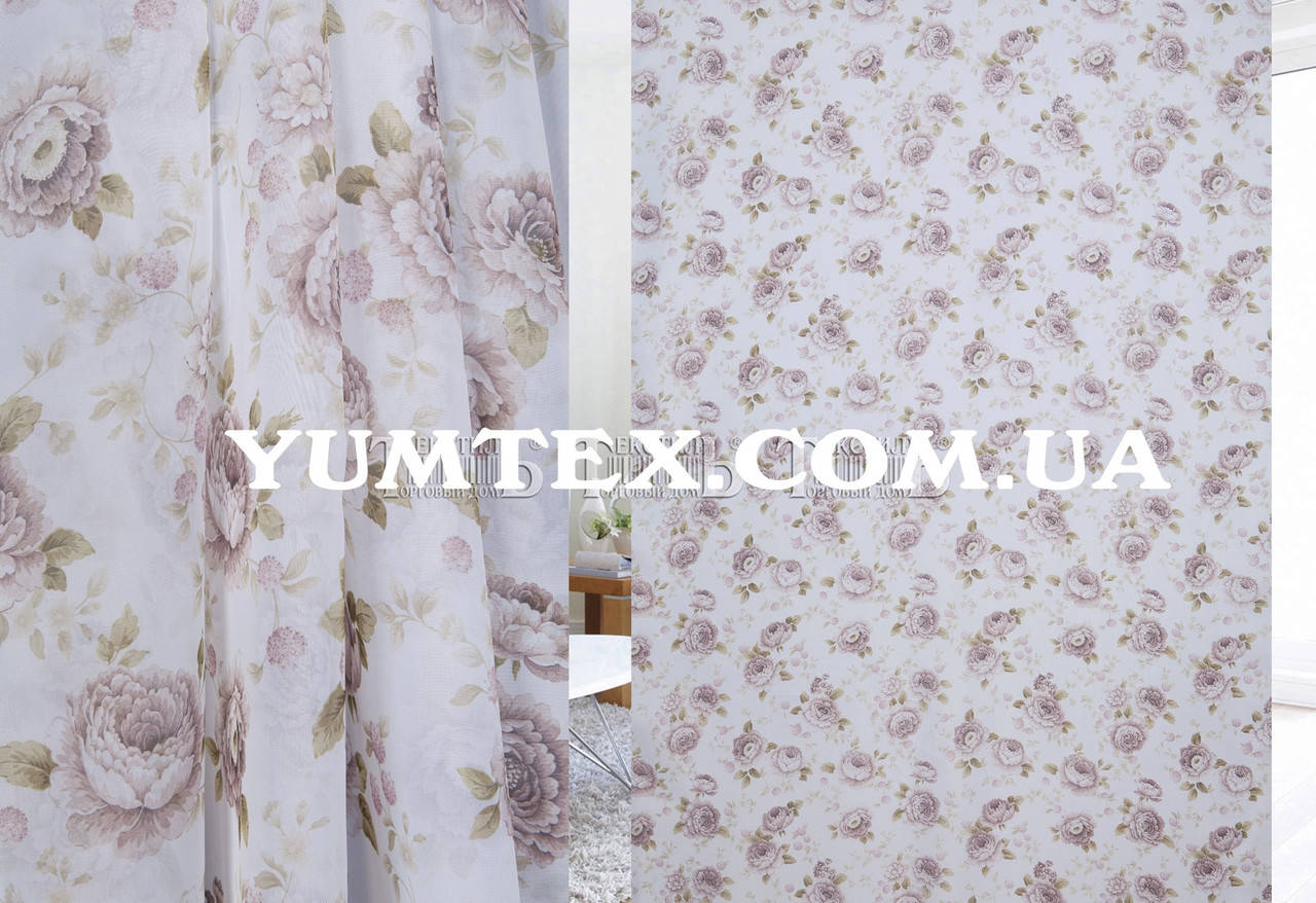 

Готовая тюль шифон или вуаль рисунок сизые коричневые розы крупные, Коричневый