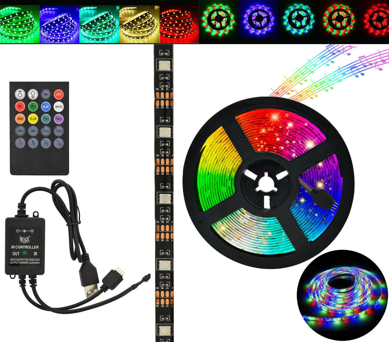 

Многоцветная светодиодная лента в силиконе LED RGB Music 5050 5м с пультом Режим работы в такт музыки PR