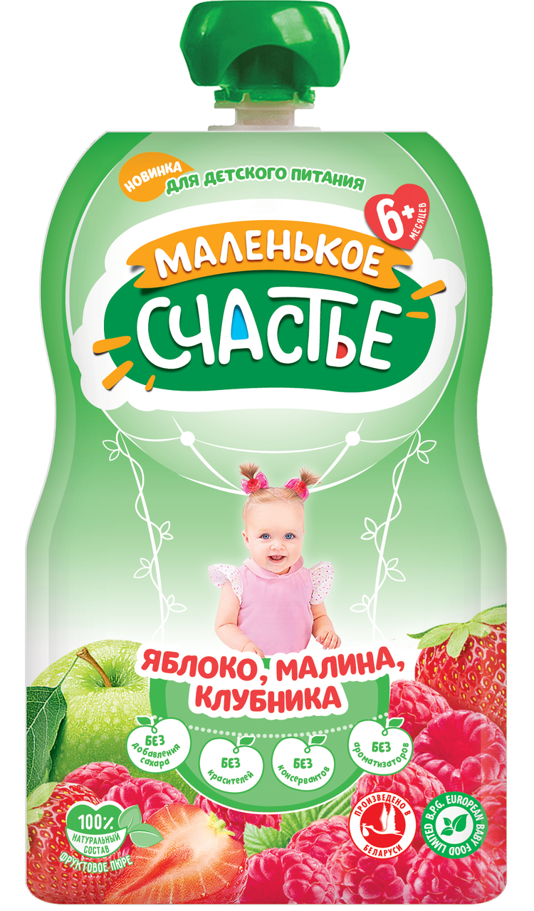 

Пауч Яблоко, малина, клубника 90г от 6 мес., ТМ"Маленькое счастье"