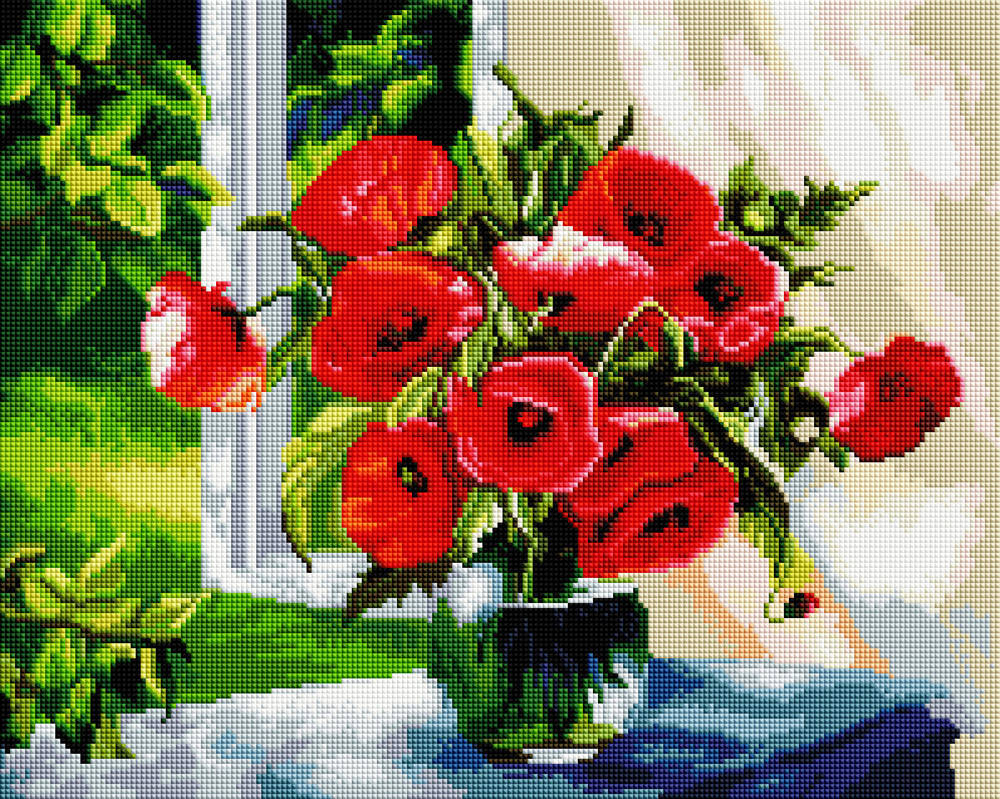 

Набор Алмазная мозаика вышивка (квадратные стразы, полная выкладка) 40х50 "Маки на подоконнике" SP058 (GF