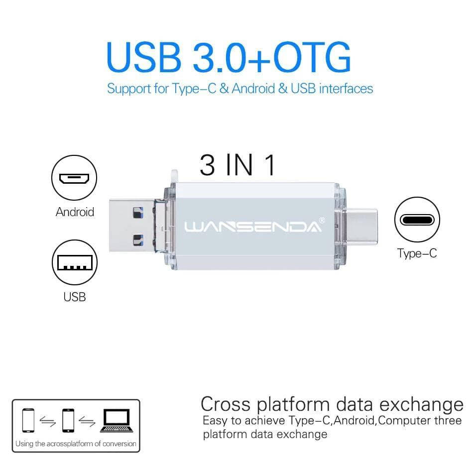 

Флеш накопитель 64 GB 3в1 OTG Type-С+ micro usb 3.0 WANSENDA Black Серебро