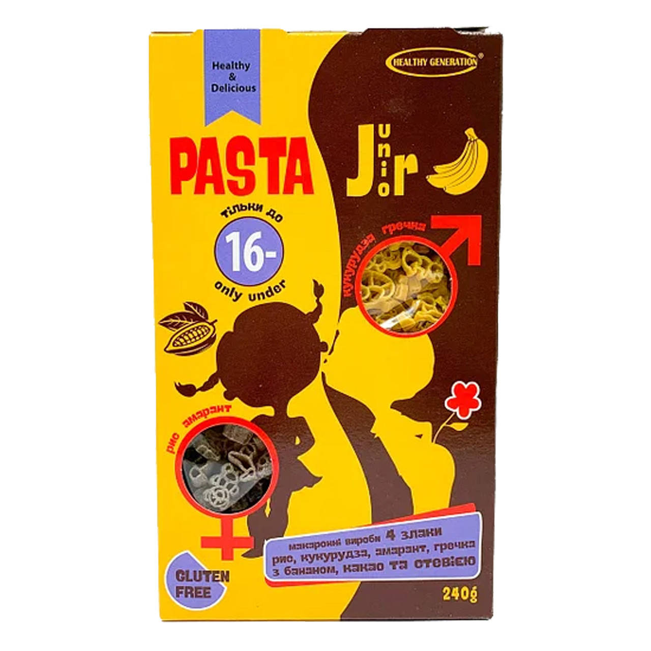 

Макароны Рисовые, Healthy Generation, безглютеновые, з бананом и какао, 240г