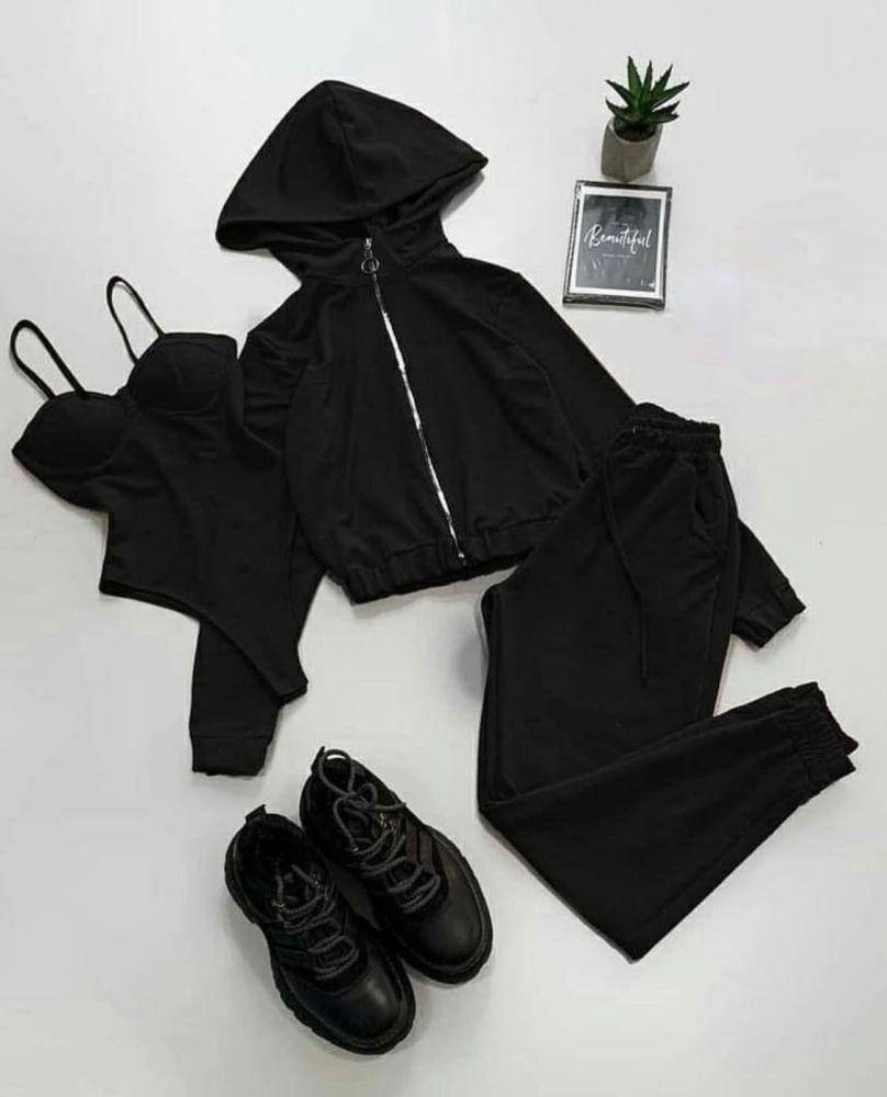 

Женский спортивный костюм тройка (кофта + штаны+ боди), Черный