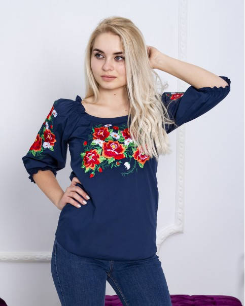 

Блузка с вышивкой вышиванка "Совершенство" для женщин и девочек-подростков темно-синяя р.S, Голубой