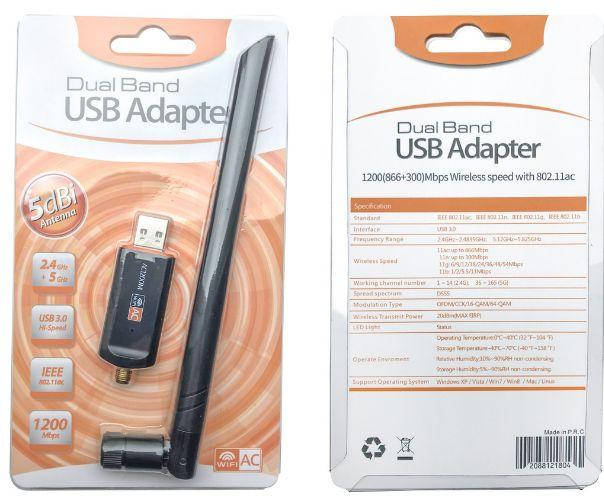 

USB 3.0 5DB Wi-Fi адаптер RTL8812 AC1200 1200Мбит/с 2 диапазона 2.4+5