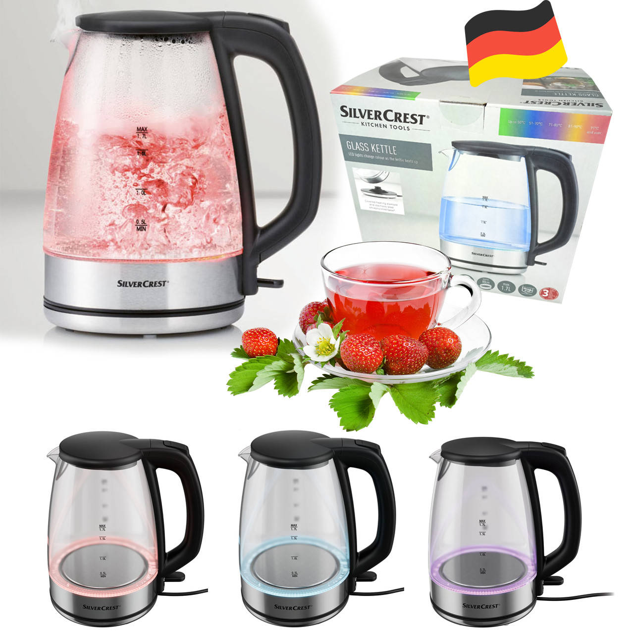 

Стеклянный электрочайник с разноцветной подсветкой SilverCrest SWGF 3000 C1 (STRIX, 1.7 л, 3000 Вт, Германия)