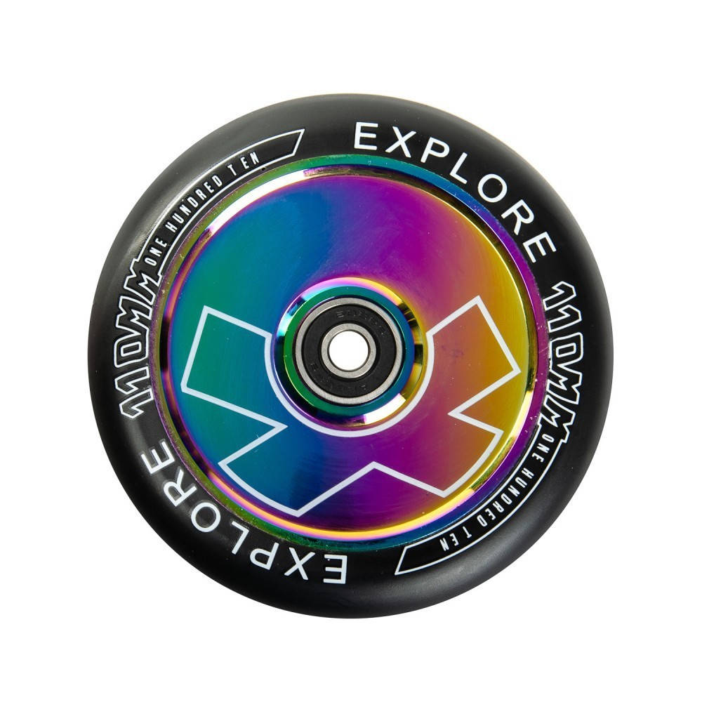 

Колесо для трюкового самоката литой диск дюраль голограмма неохром Explore Scooter Wheel 110 мм + ABEC 9
