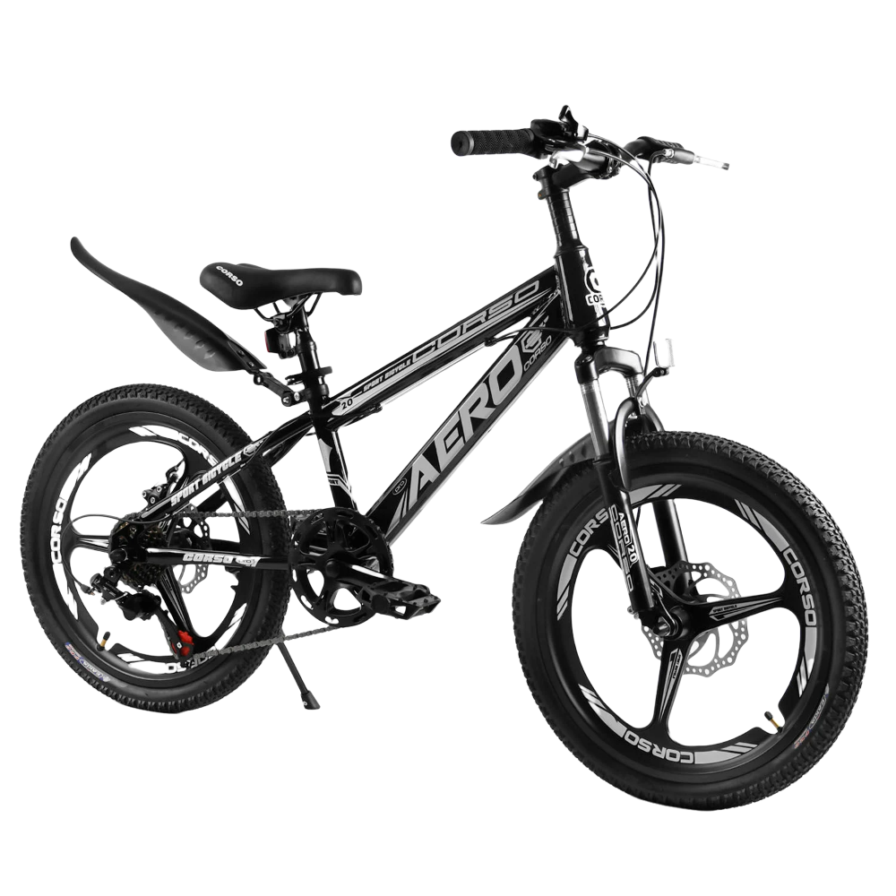 

Велосипед двухколесный детский с дисковыми тормозами и двойным ободом Corso Aero 20 дюймов Черный с серым