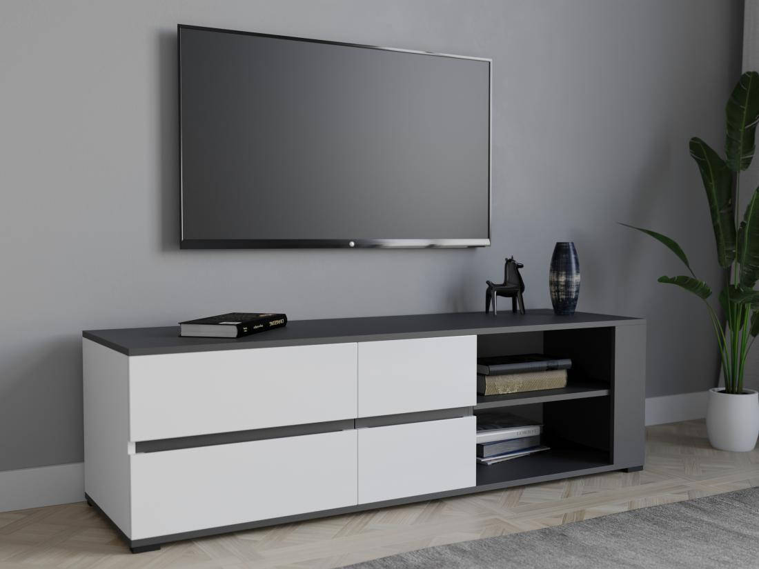 

Тумба под ТВ с двумя ящиками, фасады без ручек Ш1500*В430*Г450 антрацит корпус/фасад белый