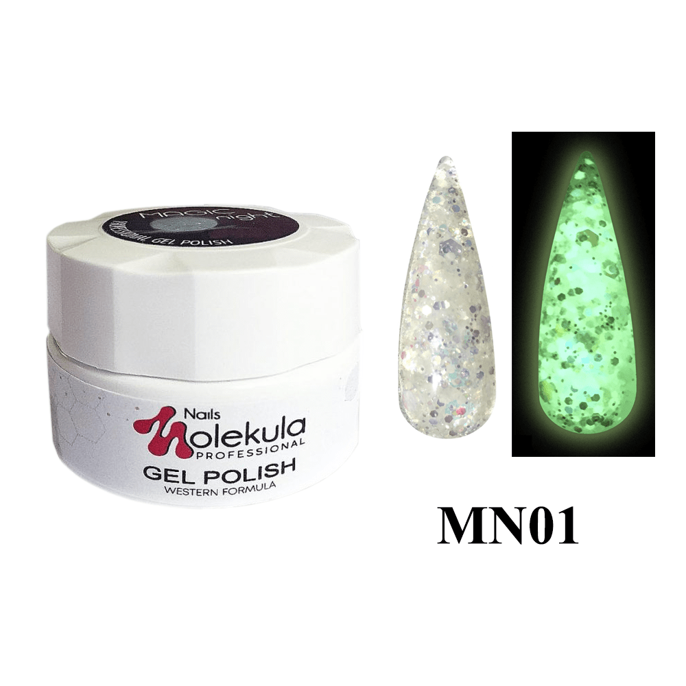 

Гель-лак Molekula Magic Night № MN01 (полупрозрачный с белыми хлопьями), 5 мл