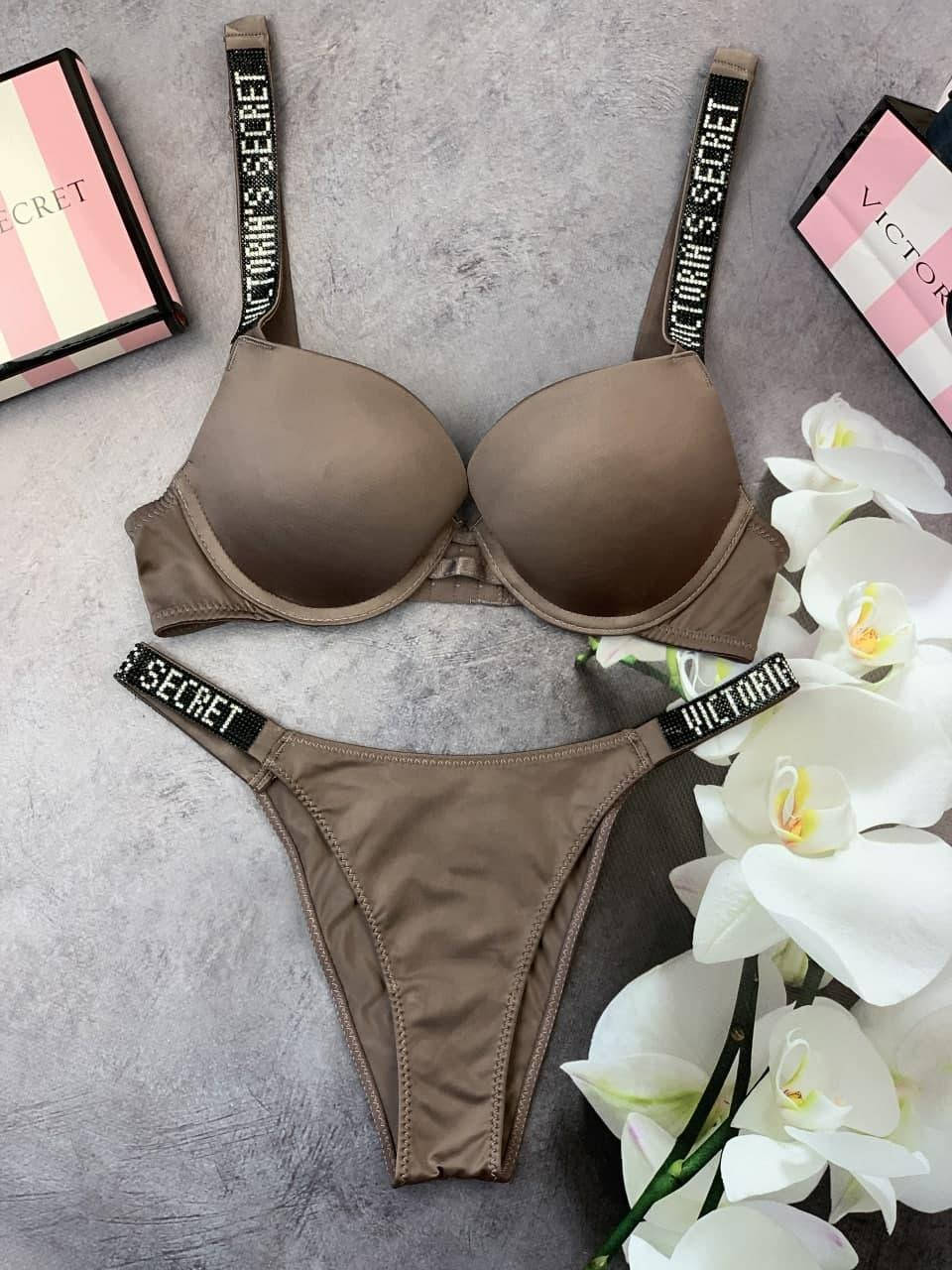 

Комплект женского нижнего белья Victoria’s Secret Виктория Сикрет модель Rhinestone со стразами Коричневый,