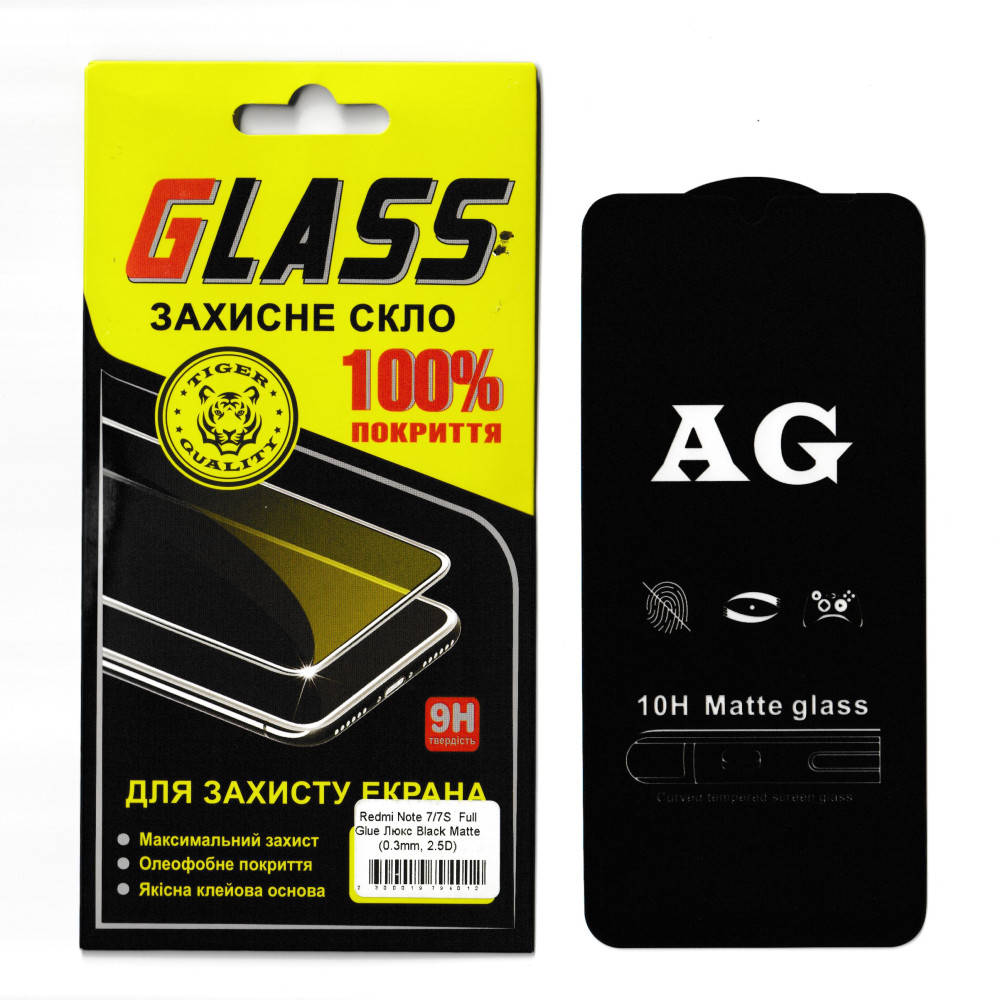 

Защитное матовое стекло на весь экран для Xiaomi Redmi Note 7 / 7S (Чёрная рамка, Full Glue), Черный