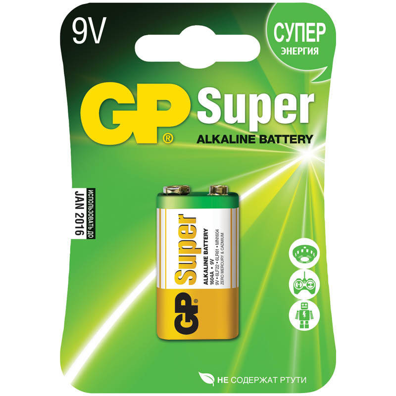 

Батарейка щелочная GP 1604A-U1 Super Alkaline 6LR61 9V крона (блистер)