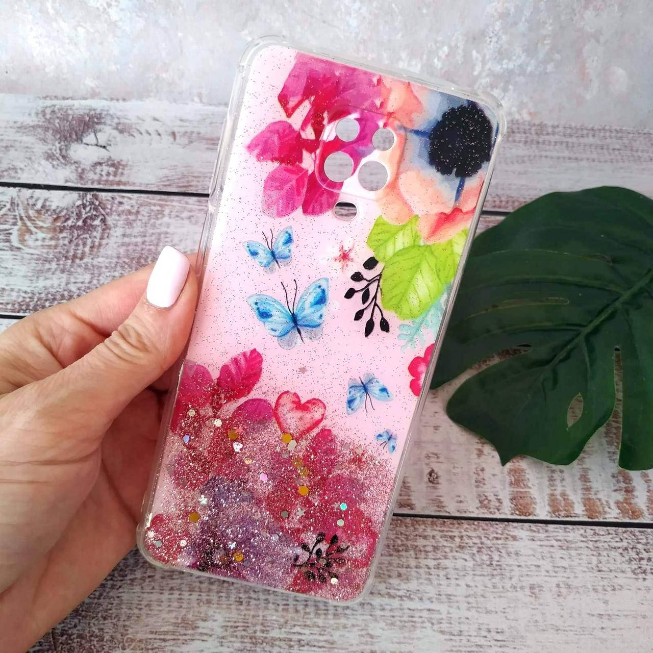 

Чехол на Xiaomi Redmi Note 9 Pro с блестками Love of Flowers Цветы, Прозрачный