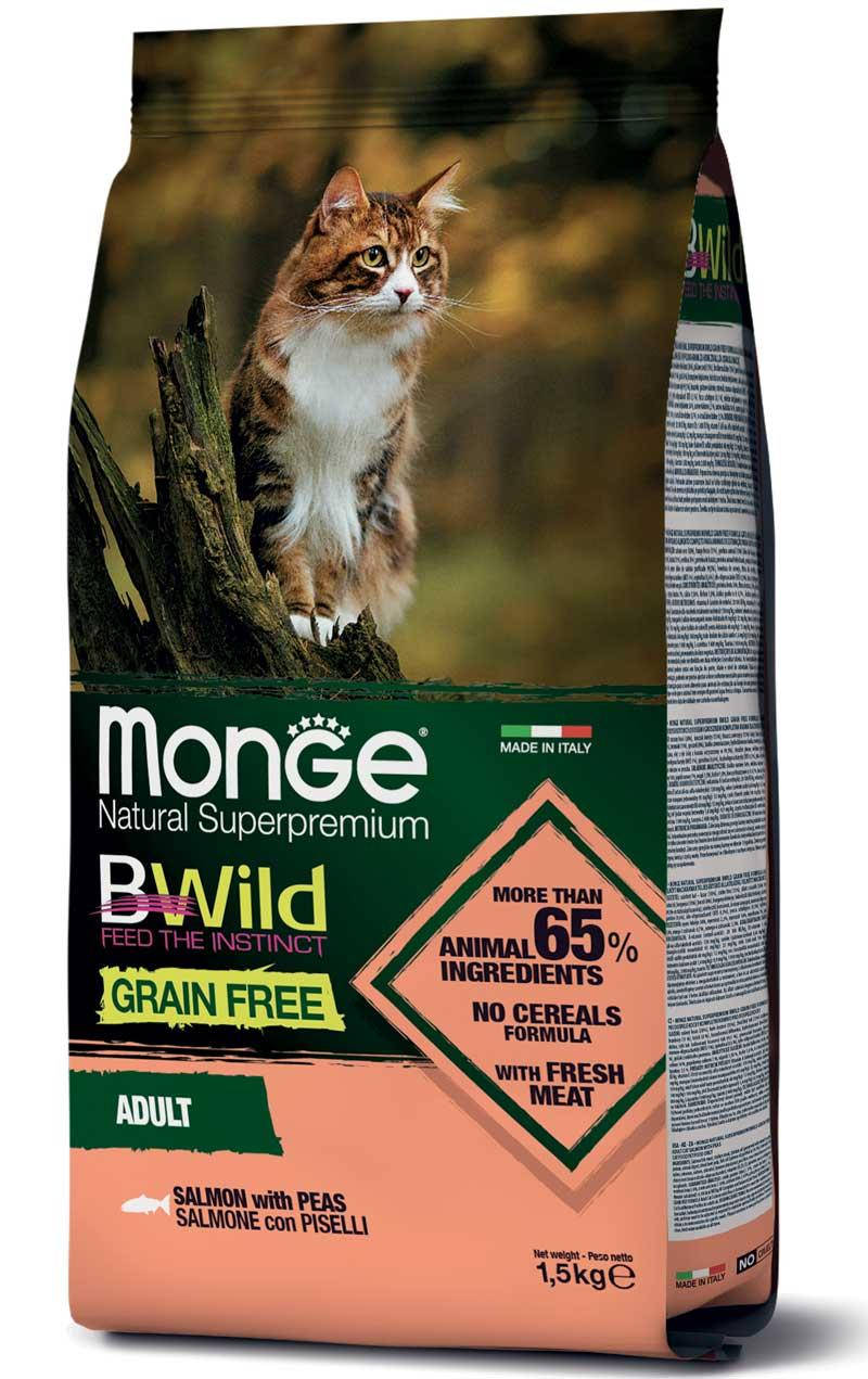 

Сухой корм MONGE (Монже) CAT BWILD GR.FREE беззерновой рацион для взрослых кошек с лососем, 1.5кг