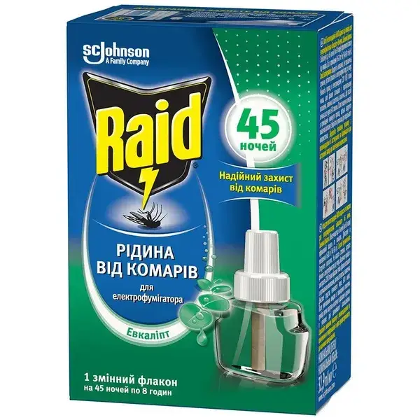 

Жидкость от комаров для электрофумигаторов Raid 45 ночей 220мл