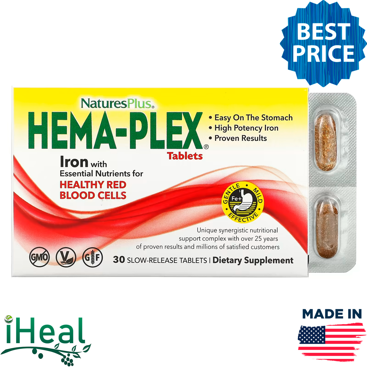 

Nature's Plus, Hema-Plex, железо 30 таблеток с длительным высвобождением