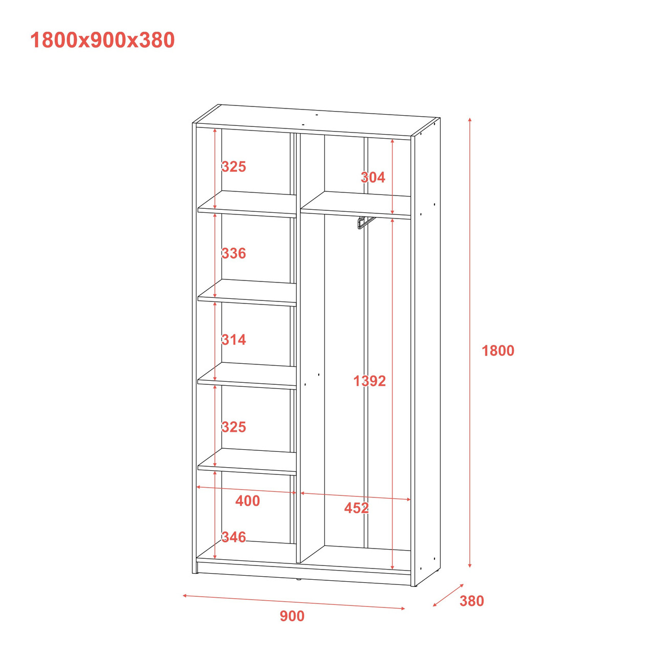 Розпашна Шафа Doros Студент Графіт/Білий 90х38х180 (44900273) 8
