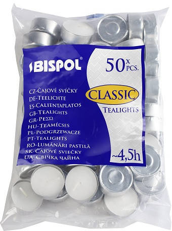 

Свечи чайные Bispol Classic Tealights 1,5 см 50 шт (p15-50), Белый