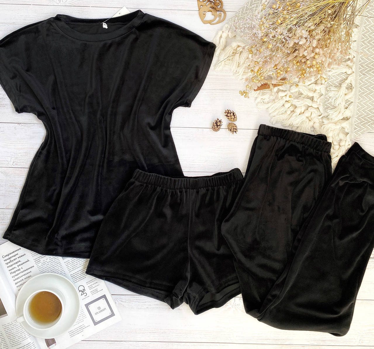 

Плюшевая пижама тройка футболка шорты штаны S-M черный