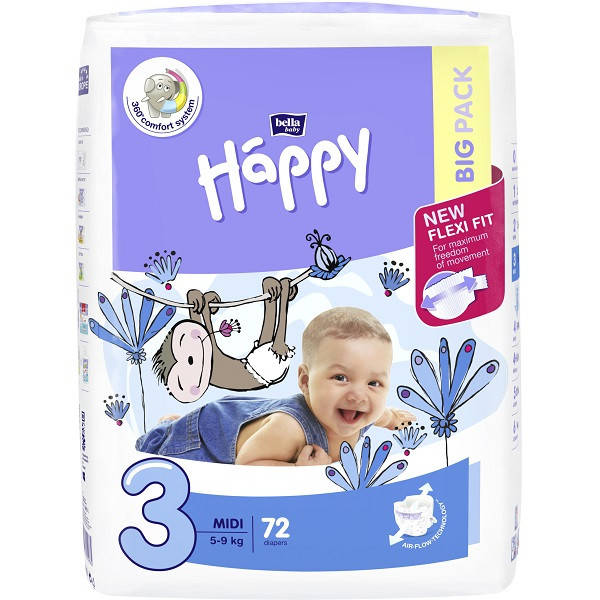 

Подгузники детские Bella Happy 3 Big Pack (5-9 кг) 72 шт, Зелёный