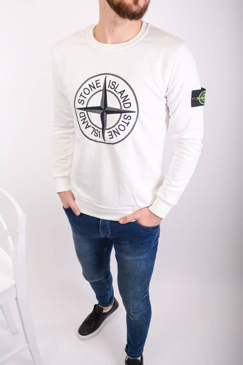 

Мужской стильный свитшот stone island белого цвета с патчем M, Белый