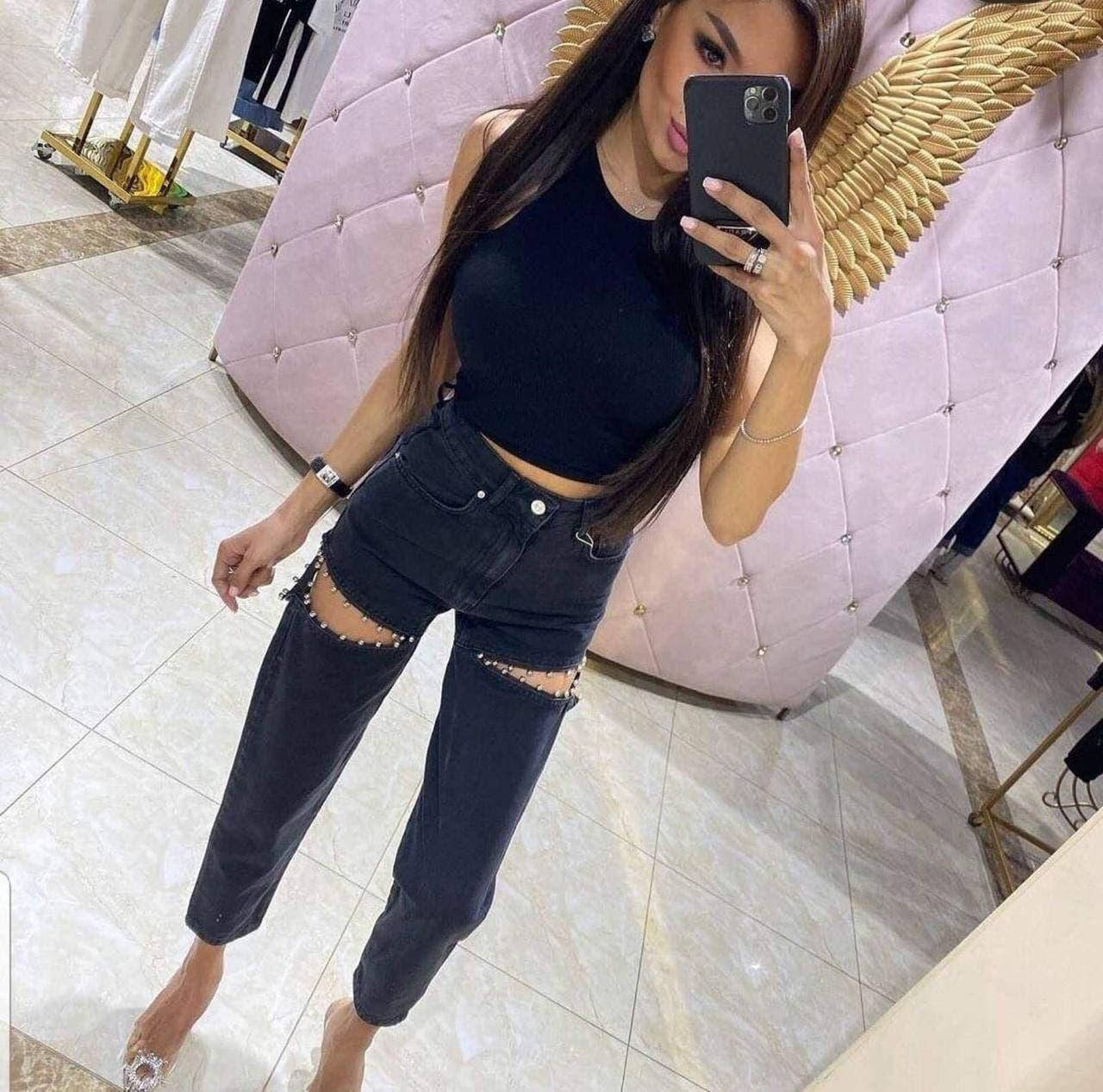 

Джинсы черные женские с завышенной талией, женские джинсы мом с разрезами