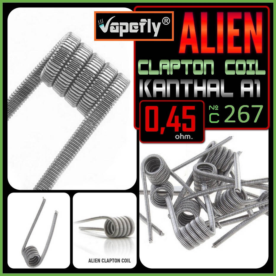 

С267 Vapefly Alien Clapton Coil 0.45ohm. Плоский кантал 0.3 * 0.8 + 0,2 mm.