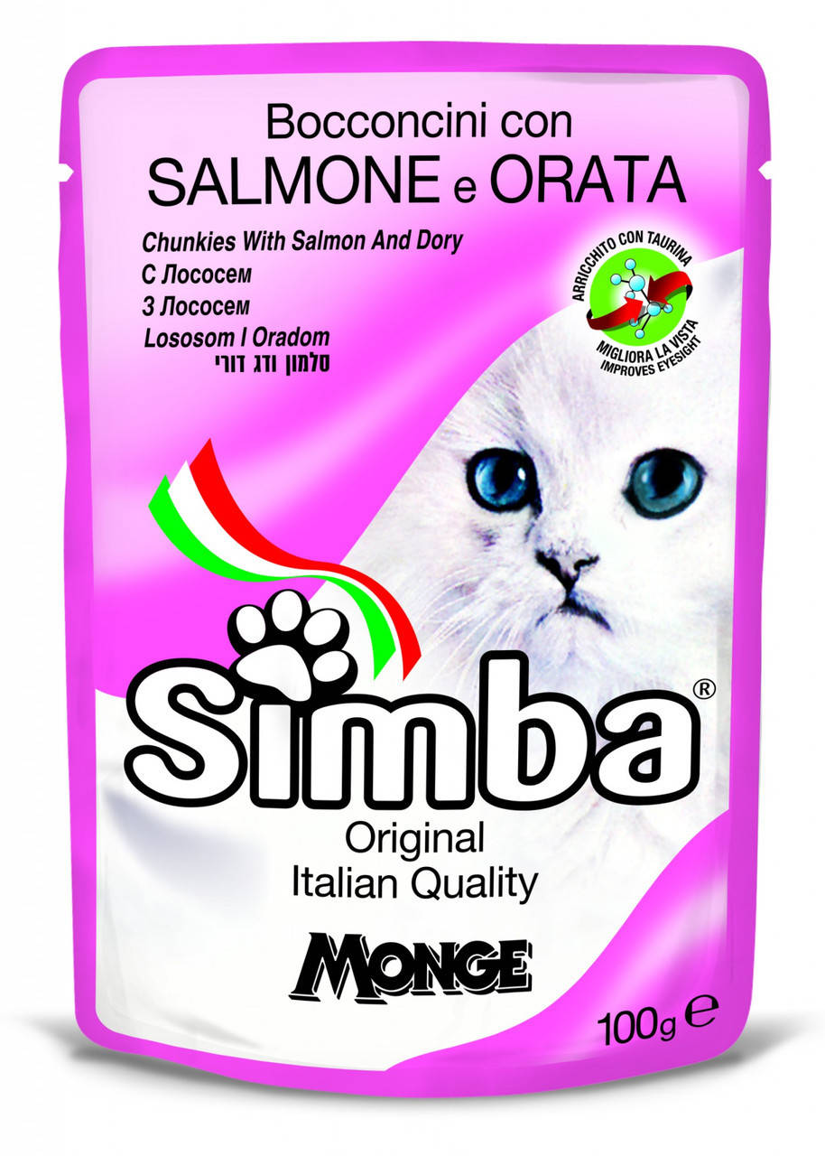 

Мясные кусочки в соусе для кошек лосось и рыбкой дори Monge Simba Cat Wet (пауч) 100 гр