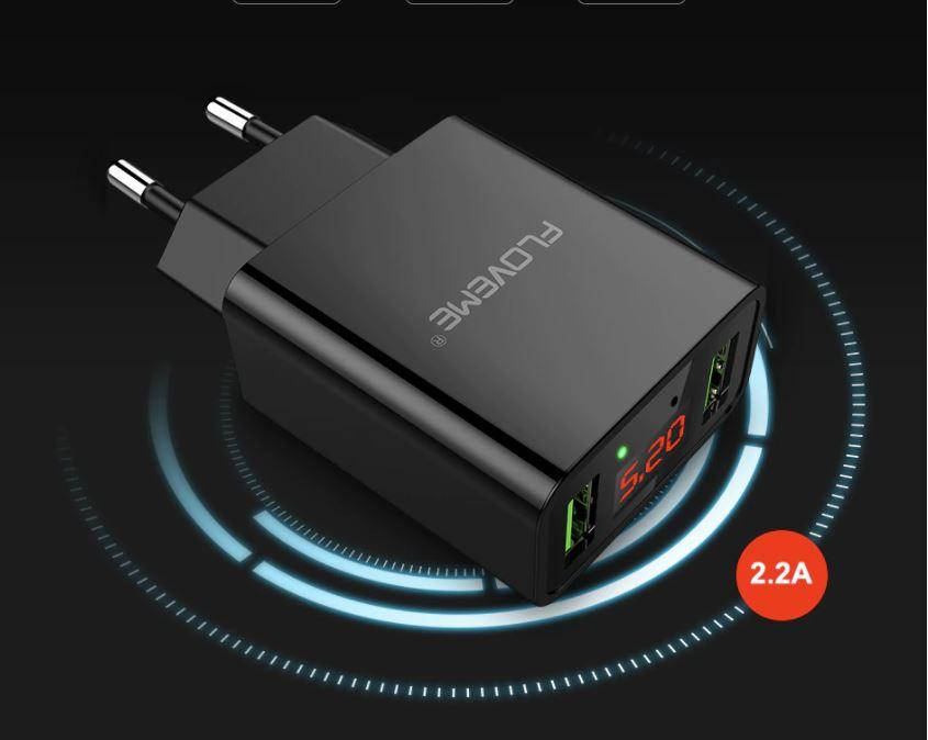 

Быстрое зарядное устройство FLOVEME на 2 USB выхода 5V 2.2A для смартфона телефона iPhone Androin Samsung, Черный