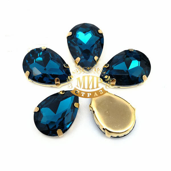 

Стразы в золотых цапах Blue Zircon, 13*18мм*1шт