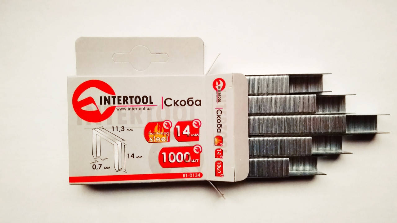 

Скобы для степлера 14 мм по дереву и дсп калёные (уп.1000 шт.) Intertool RT-0134
