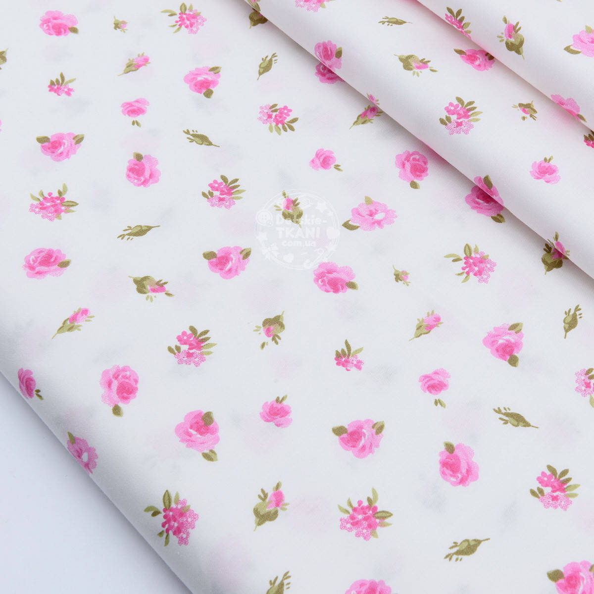 

Сатин ткань "Маленькие розовые цветочки" на белом №1695с, Розовый