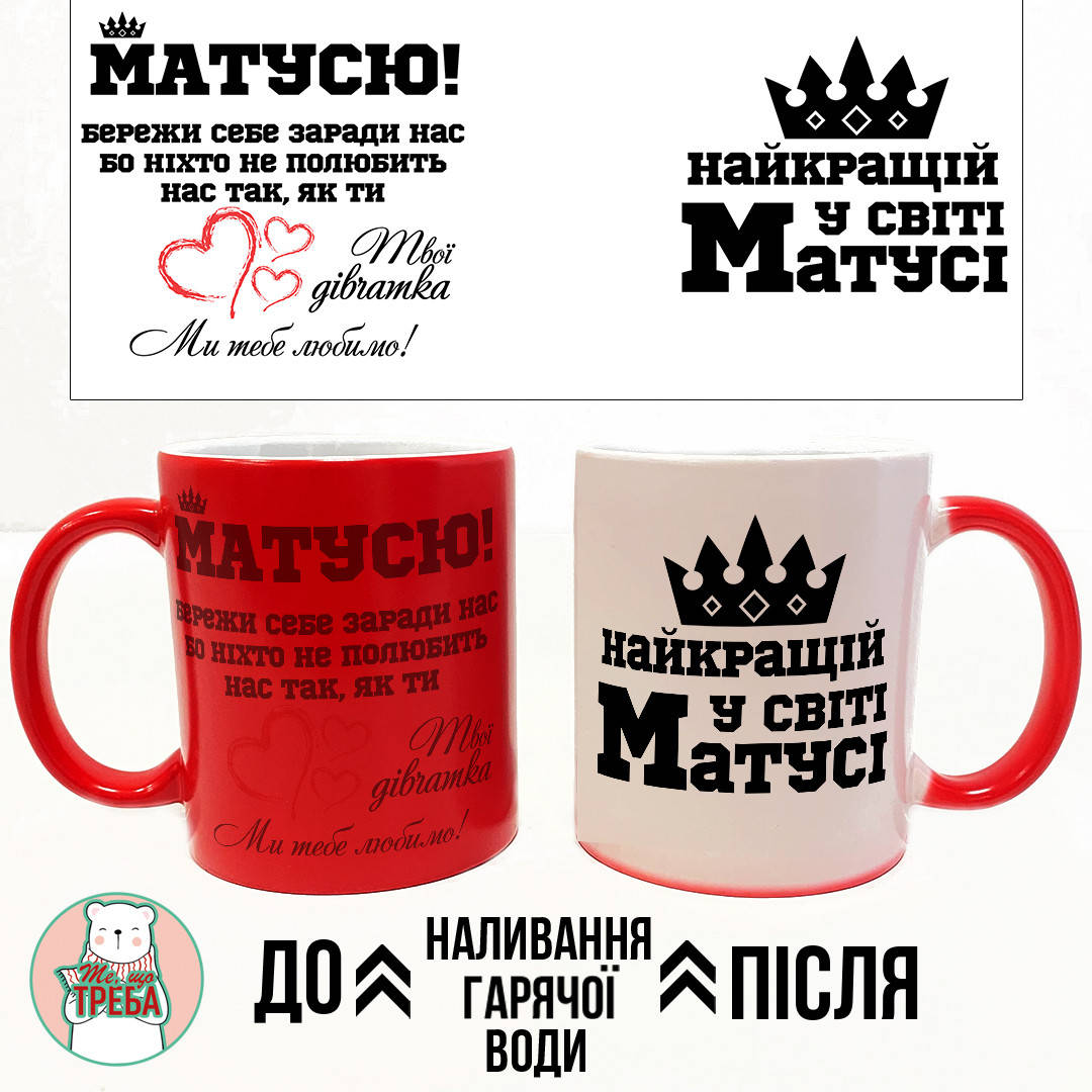 

Горнятко / чашка "Матусю! Бережи себе заради нас..." Хамелеон ЧЕРВОНИЙ