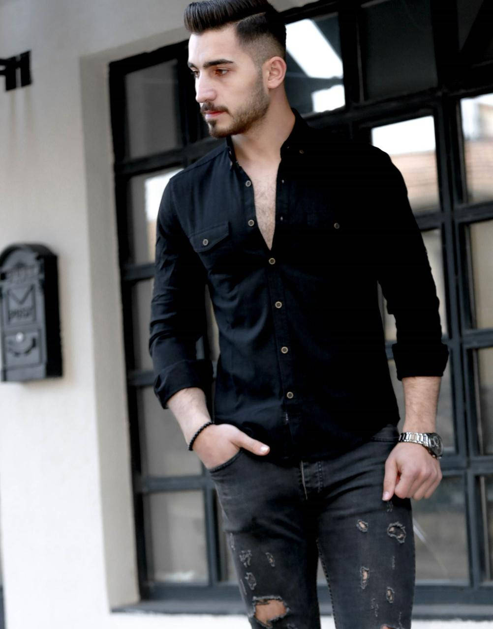 

Стильная Хлопковая черная рубашка, Черный