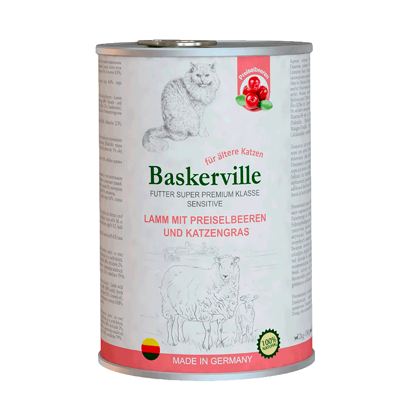 

Консерва для кошек Baskerville ягненок с клюквой и кошачьей мятой Lamm Mit Preiselbeeren 400 г