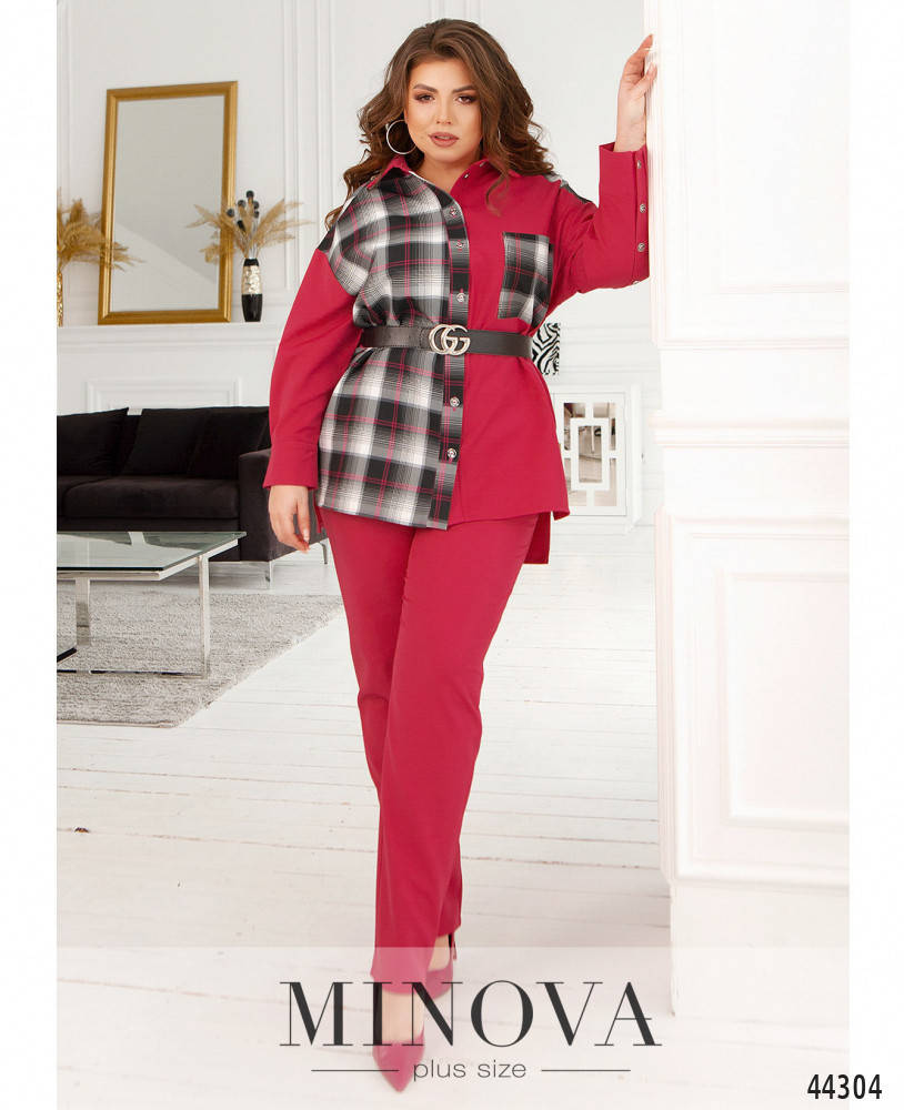 

Р. 46-68 Стильный женский брючный костюм с рубашкой больших размеров малиновый 58/60