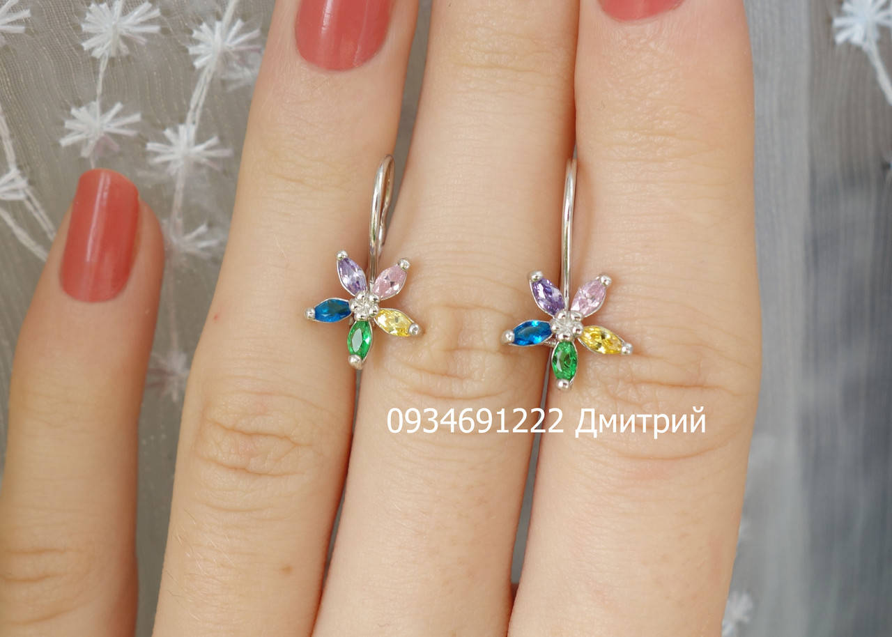 

Цветные цветочки на петельке серьги из серебра
