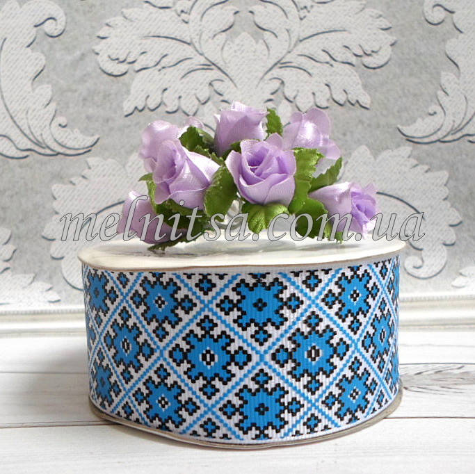 

Лента репсовая с украинским орнаментом , цвет синий, 4 см