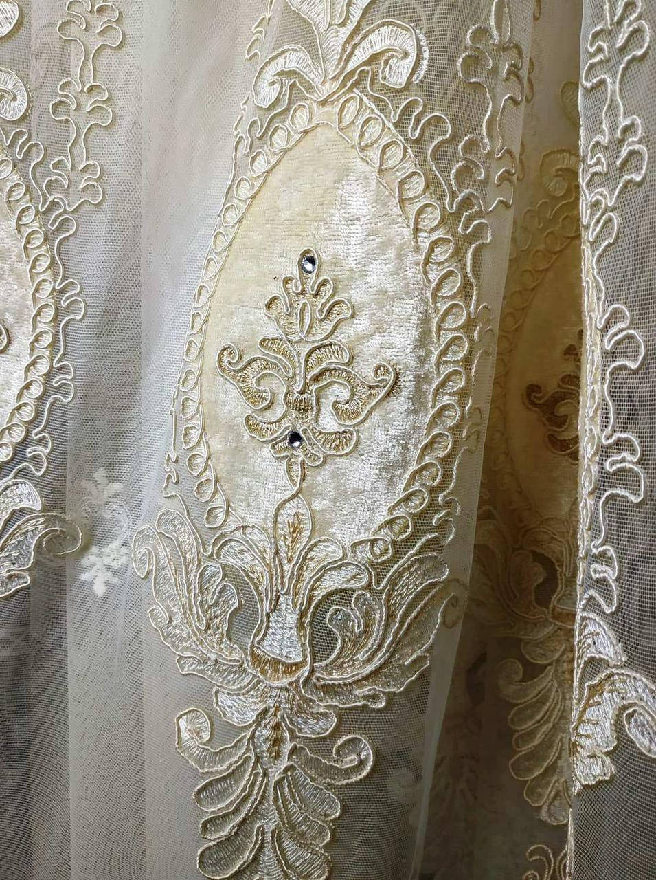 

Турецкая тюль с бархатными вставками и стразами вышита золотой нитью Красивая тюль для зала и гостинной, Золотистый