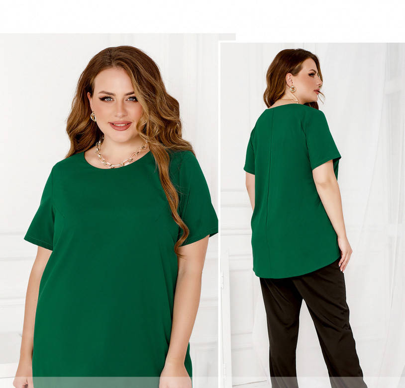 

/ Размер 46-48,50-52,54-56,58-60,62-64,66-68 / Женская однотонная блуза с коротким рукавом / 2283-Зеленый