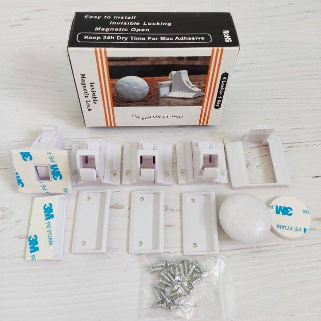 

Магнитный замок на ящики от детей на мебель, ящики 4 шт +1 ключ, Защита - блокиратор на мебель от детей, Белый