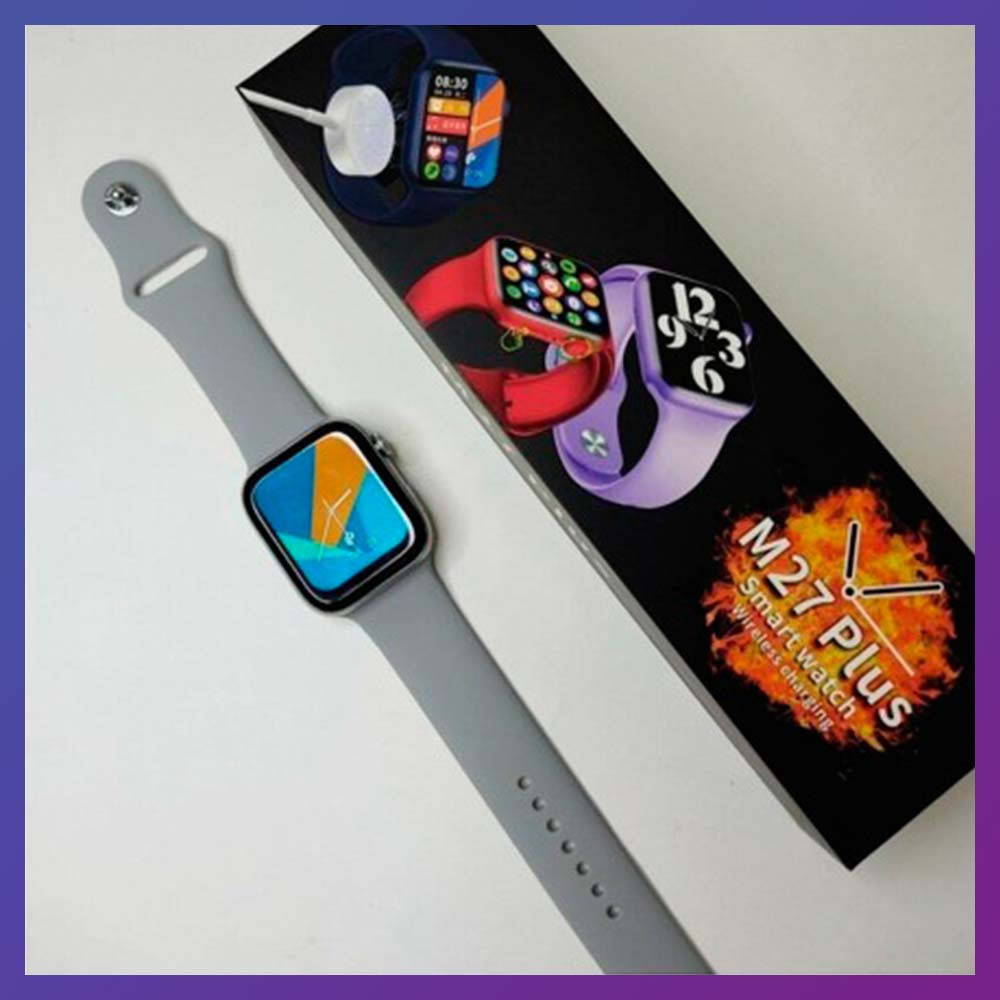 

Смарт часы Фитнес браслет трэккер Smart Watch M27 plus голосовой вызов пульсометром тонометром серые + Подарок