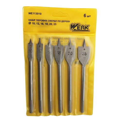 

Набор перьевых сверел по дереву Werk 6 шт 10,12,16,18 20 25 мм