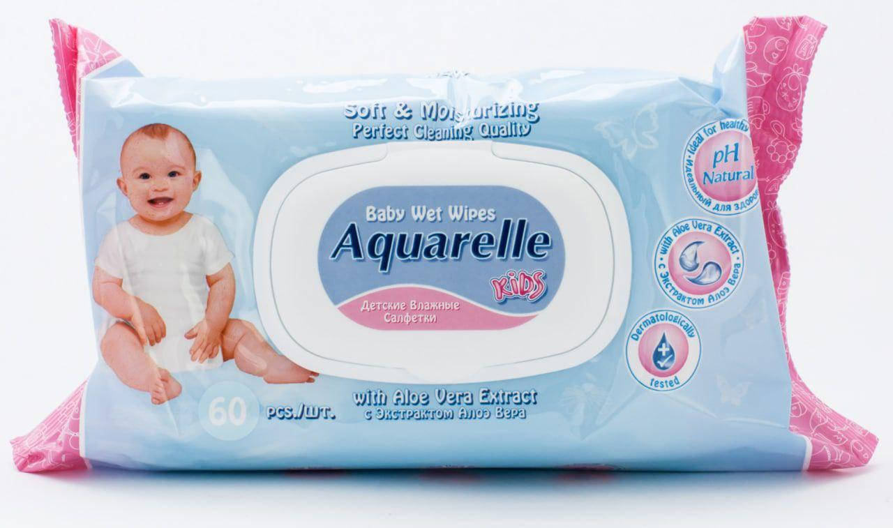 

Влажные салфетки детские с клапаном 60шт Aquarelle kids с экстрактом Алоэ