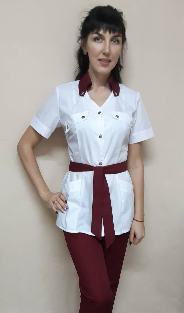 

Женский медицинский костюм Тиффани коттон короткий рукав 60, Белый/бордовые брюки